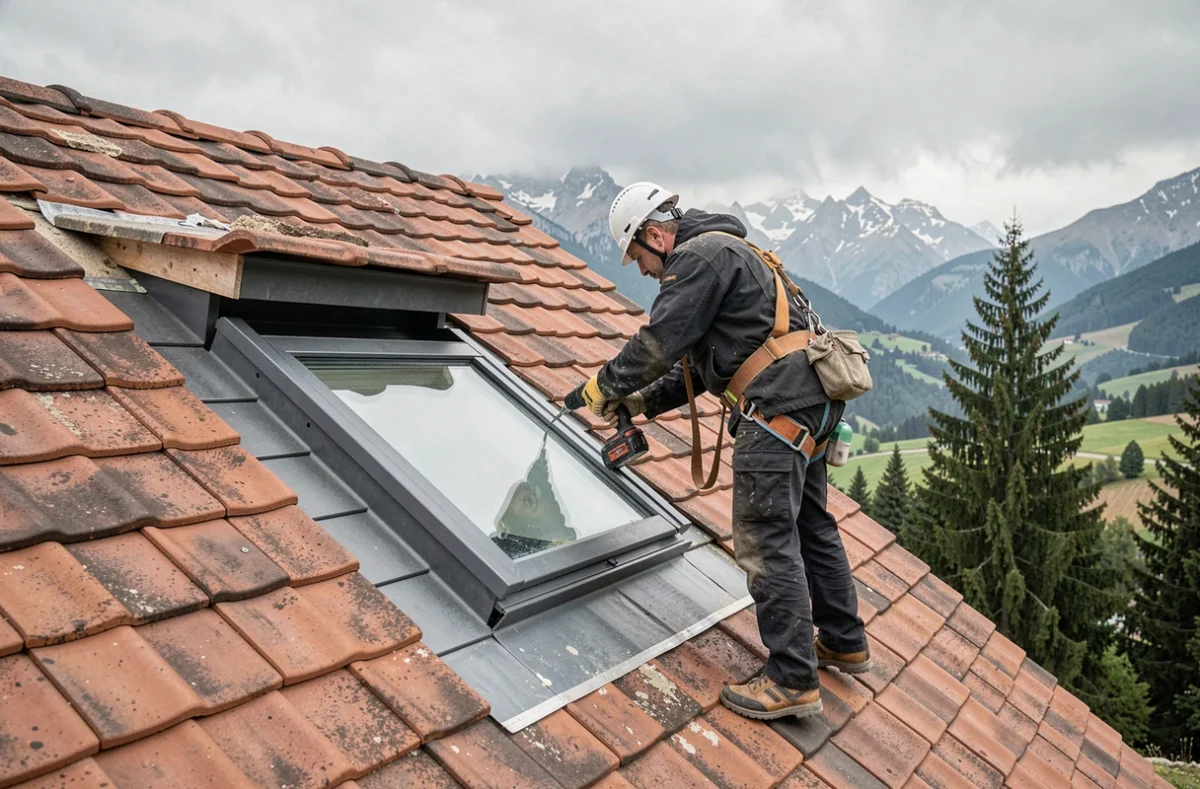 Couvreur Mcai installant une fenêtre de toit sur une maison en Isère avec paysage alpin en arrière-plan