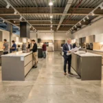 Showroom de cuisinistes dans le Doubs avec plusieurs expositions de cuisines modernes et des clients en consultation