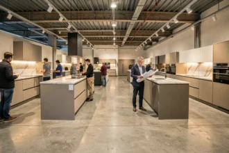 Showroom de cuisinistes dans le Doubs avec plusieurs expositions de cuisines modernes et des clients en consultation