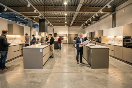 Showroom de cuisinistes dans le Doubs avec plusieurs expositions de cuisines modernes et des clients en consultation