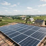 Vue panoramique de panneaux solaires installés sur un toit en Bourgogne-Franche-Comté avec paysage rural en arrière-plan