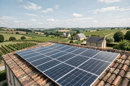 Vue panoramique de panneaux solaires installés sur un toit en Bourgogne-Franche-Comté avec paysage rural en arrière-plan