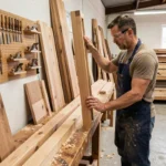 Menuisier professionnel mesurant un cadre de porte en bois dans un atelier artisanal en Essonne