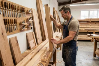 Menuisier professionnel mesurant un cadre de porte en bois dans un atelier artisanal en Essonne