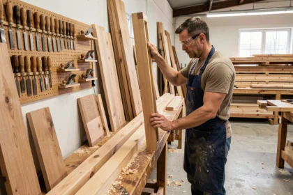 Menuisier professionnel mesurant un cadre de porte en bois dans un atelier artisanal en Essonne