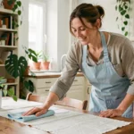 Femme effectuant un ménage à domicile dans un appartement à Montreuil, essuyant une table en bois avec un chiffon microfibre