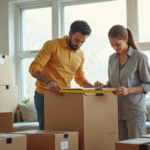 Un couple mesure un grand carton dans un salon lumineux