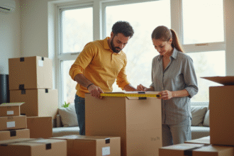 Un couple mesure un grand carton dans un salon lumineux