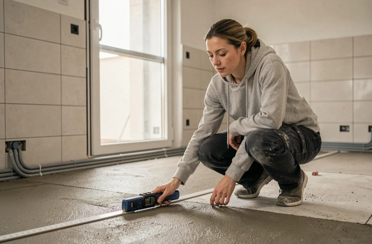 Maître d'œuvre féminine mesurant l'épaisseur de chape sur plancher chauffant dans un appartement en cours de rénovation