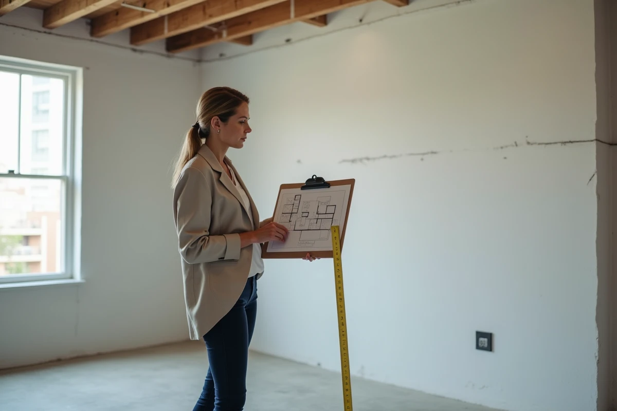 Designer d'intérieur mesurant les dimensions d'une chambre vide avec un mètre ruban et un plan au sol