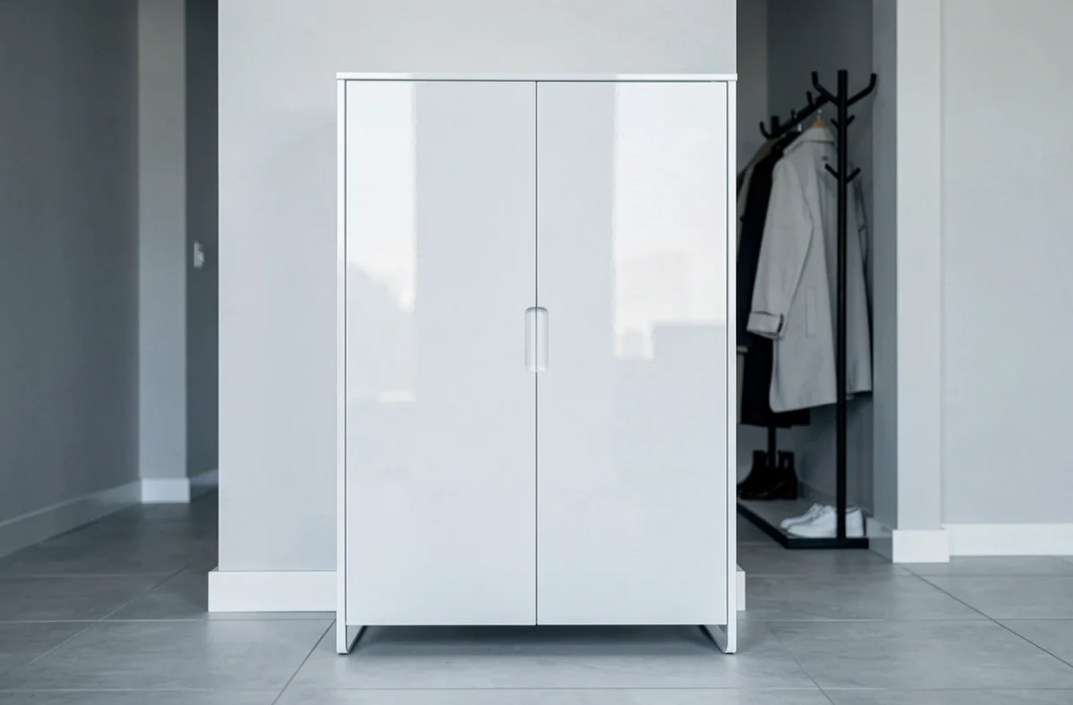 Meuble à chaussures Nano laqué blanc brillant dans un couloir moderne avec carrelage gris