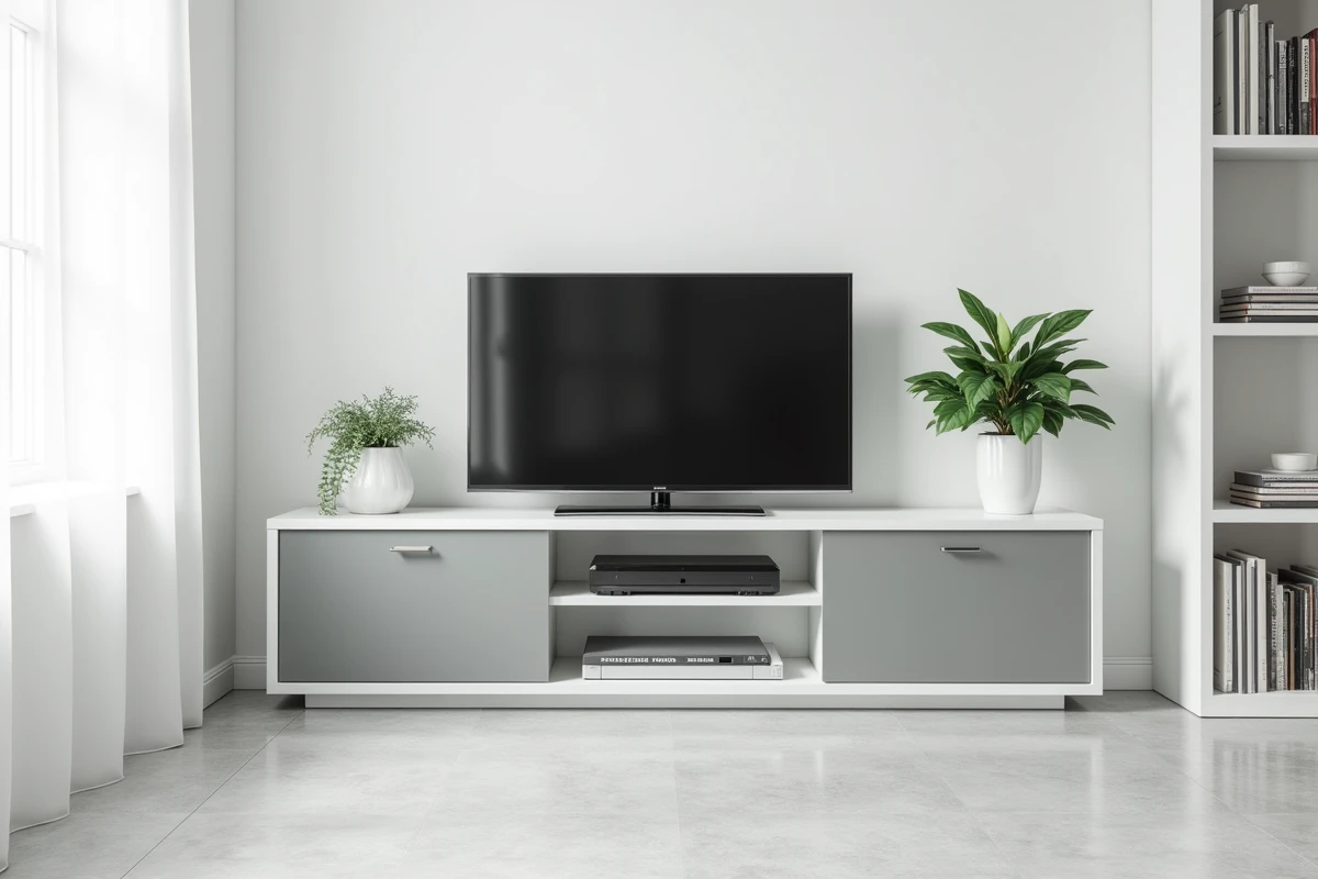 Meuble télé d'angle style scandinave blanc avec portes en verre fumé dans un salon minimaliste