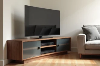 Meuble TV d'angle avec portes vitrées dépoli dans un salon moderne au parquet en chêne clair
