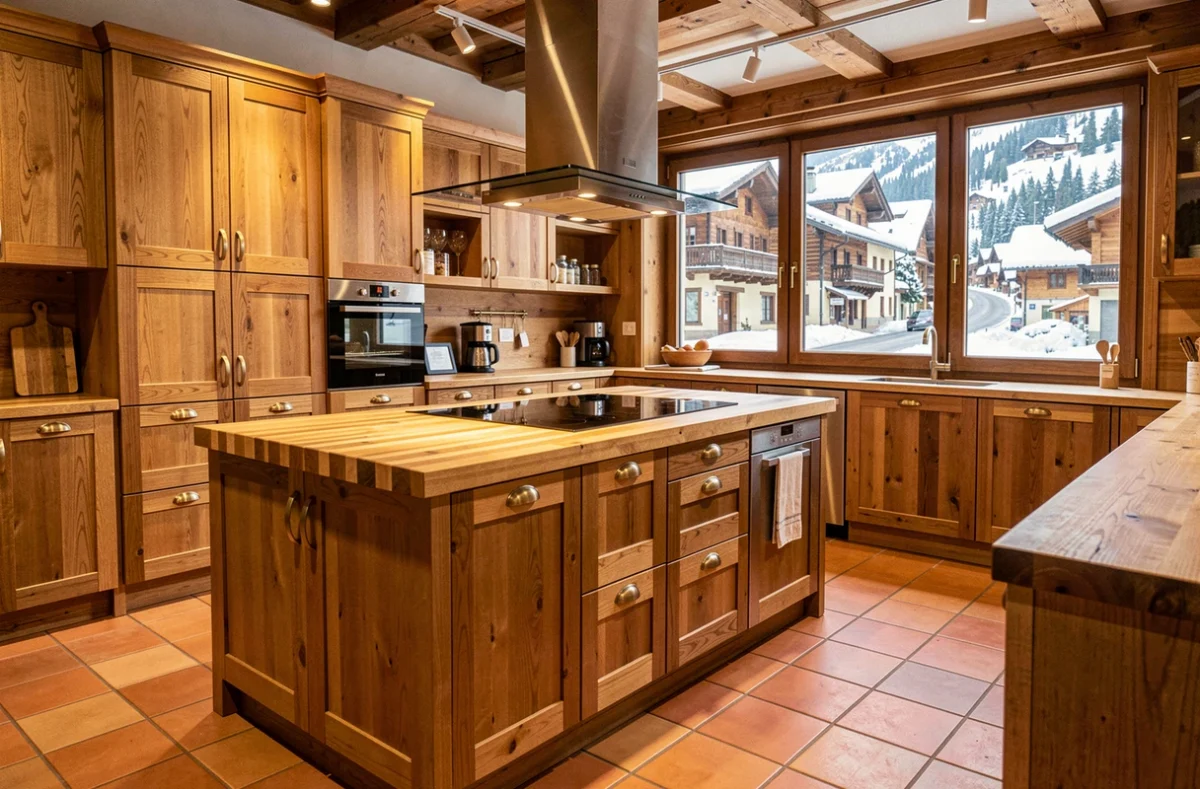 Exposition de cuisine Mobalpa à Pontarlier avec façades en chêne fumé et îlot en bois massif dans un showroom alpin