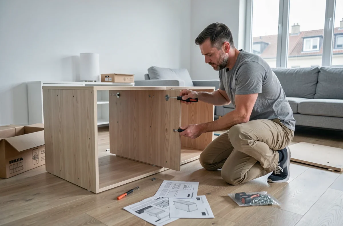 Homme assemblant un buffet IKEA d'occasion dans un appartement moderne