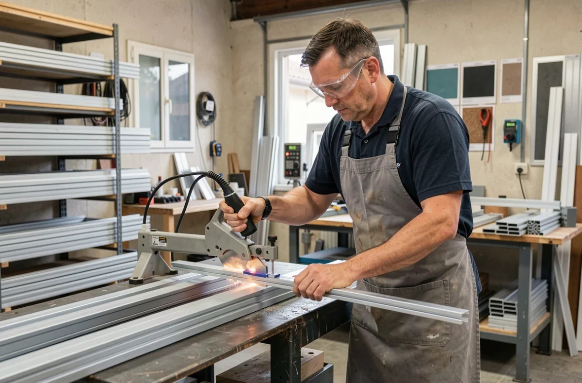 Artisan Moutte travaillant des profilés aluminium et PVC dans un atelier de menuiserie en Isère