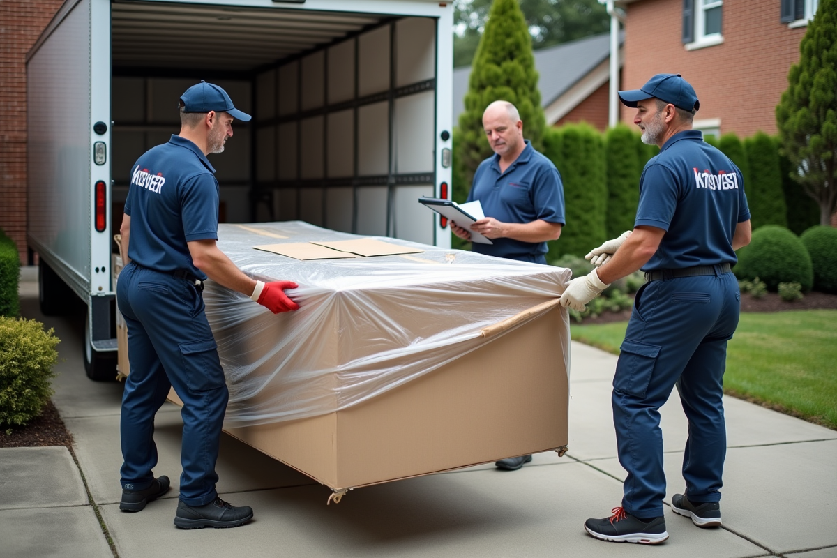 Agents de déménagement manipulant un meuble dans la rue