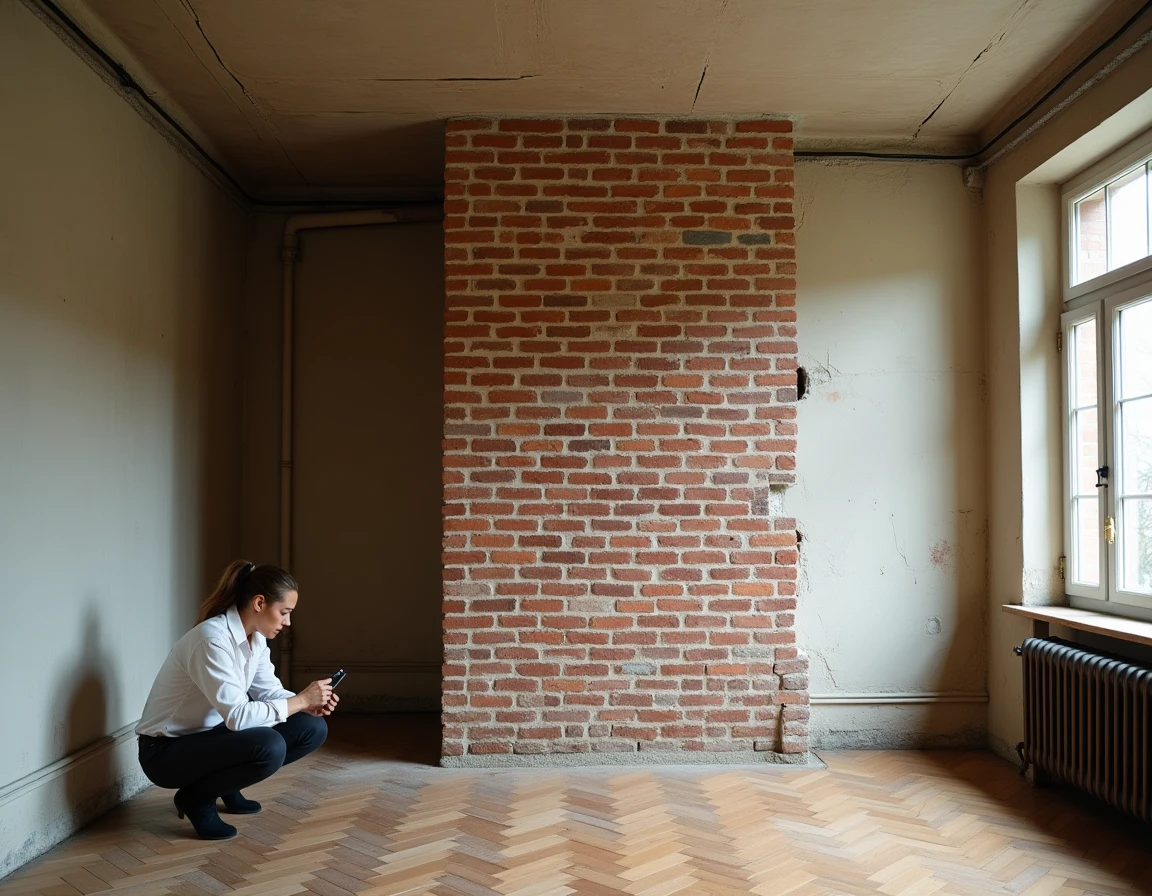 Architecte mesurant l'épaisseur d'un mur de refend en brique ancienne dans un appartement haussmannien en rénovation