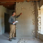 Maçon inspectant un mur de refend en pierre dans une maison ancienne en cours de rénovation
