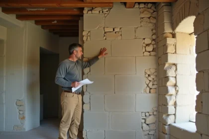 Maçon inspectant un mur de refend en pierre dans une maison ancienne en cours de rénovation
