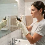 Femme nettoyant un miroir de salle de bain avec du vinaigre blanc en spray