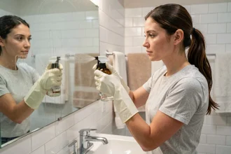 Femme nettoyant un miroir de salle de bain avec du vinaigre blanc en spray