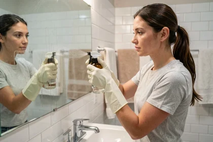 Femme nettoyant un miroir de salle de bain avec du vinaigre blanc en spray