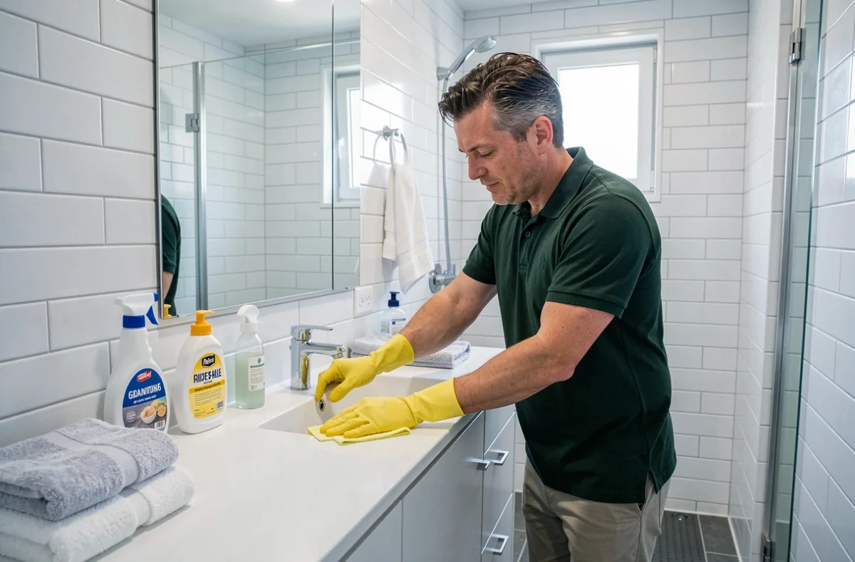 Homme professionnel de ménage nettoyant un lavabo de salle de bain dans un appartement moderne à Montreuil