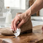 Femme nettoyant une tache sur une bottine en daim beige avec un chiffon humide sur une table en bois