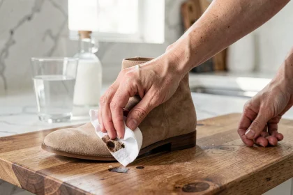 Femme nettoyant une tache sur une bottine en daim beige avec un chiffon humide sur une table en bois