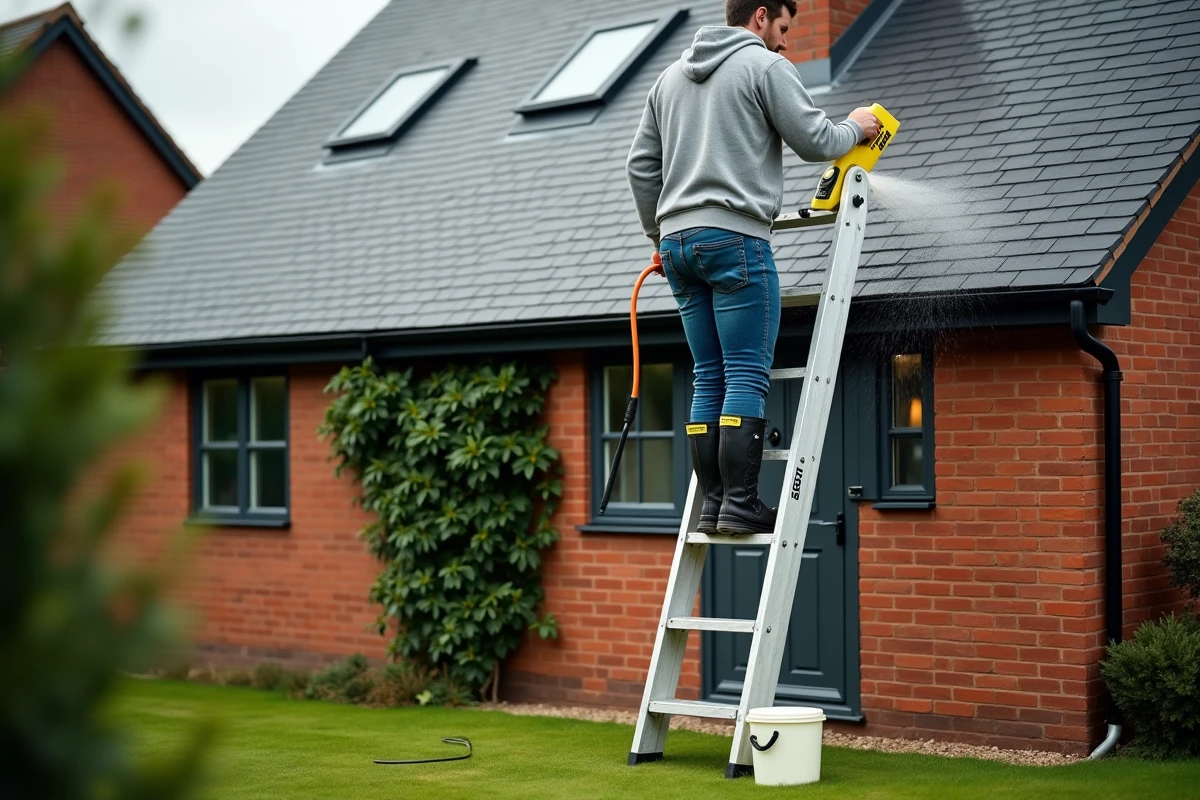 Particulier réalisant lui-même le nettoyage de sa toiture en ardoise avec un Karcher électrique depuis une échelle
