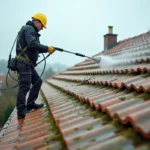 Professionnel du nettoyage de toiture utilisant un Karcher haute pression sur des tuiles mousses en milieu résidentiel
