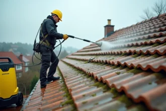 Professionnel du nettoyage de toiture utilisant un Karcher haute pression sur des tuiles mousses en milieu résidentiel
