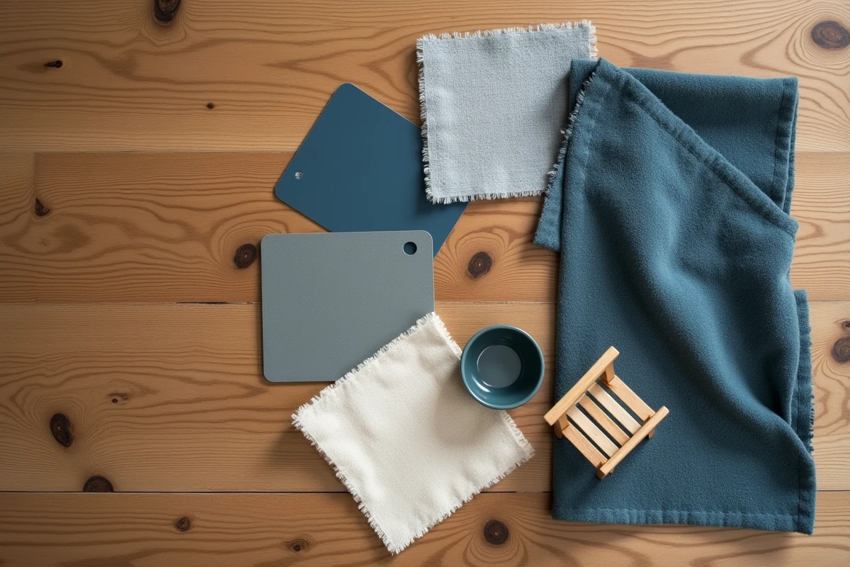 Flat-lay de nuanciers de peinture bleu marine et gris ardoise avec des échantillons de tissu et une maquette de chaise en bois pour illustrer l'accord tendance mobilier et couleur