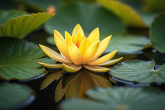 Fleur de nuphar jaune éclatante sur étang calme en jardin