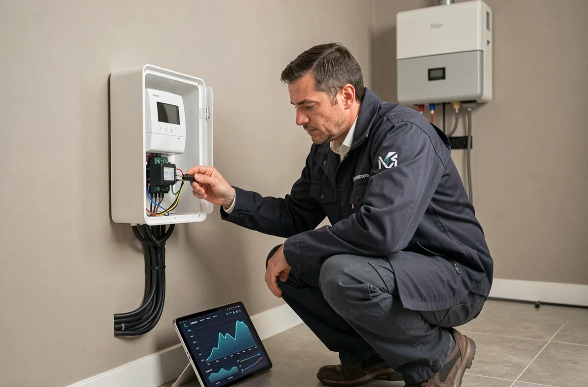 Technicien OLYSI configurant un système de gestion intelligente de l'énergie solaire dans une maison moderne
