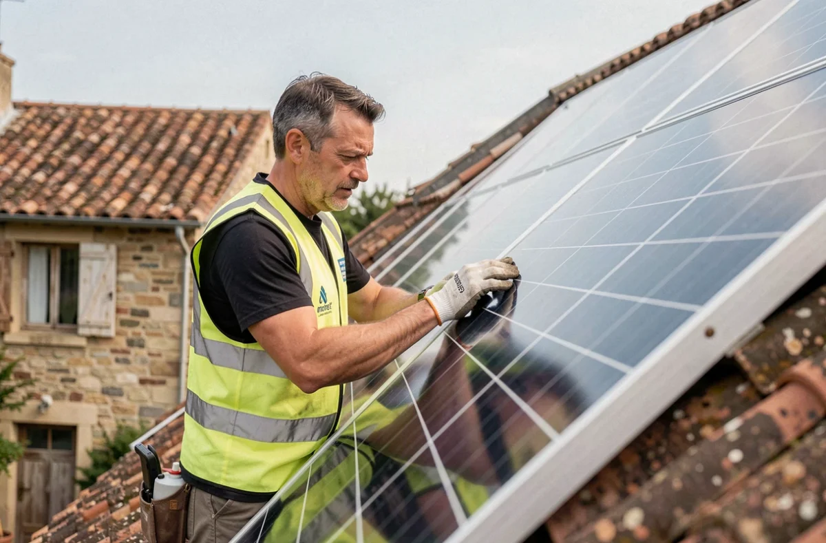 Technicien d'Optimisation Habitat Energie installant des panneaux solaires sur un toit en milieu rural en Auvergne et Bourgogne sud