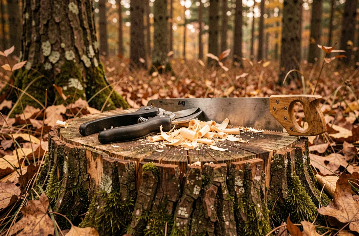 Outils d'élagage professionnels posés sur une souche fraîchement coupée en forêt