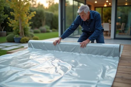 Ouvrier en tenue navy posant sur un patio moderne