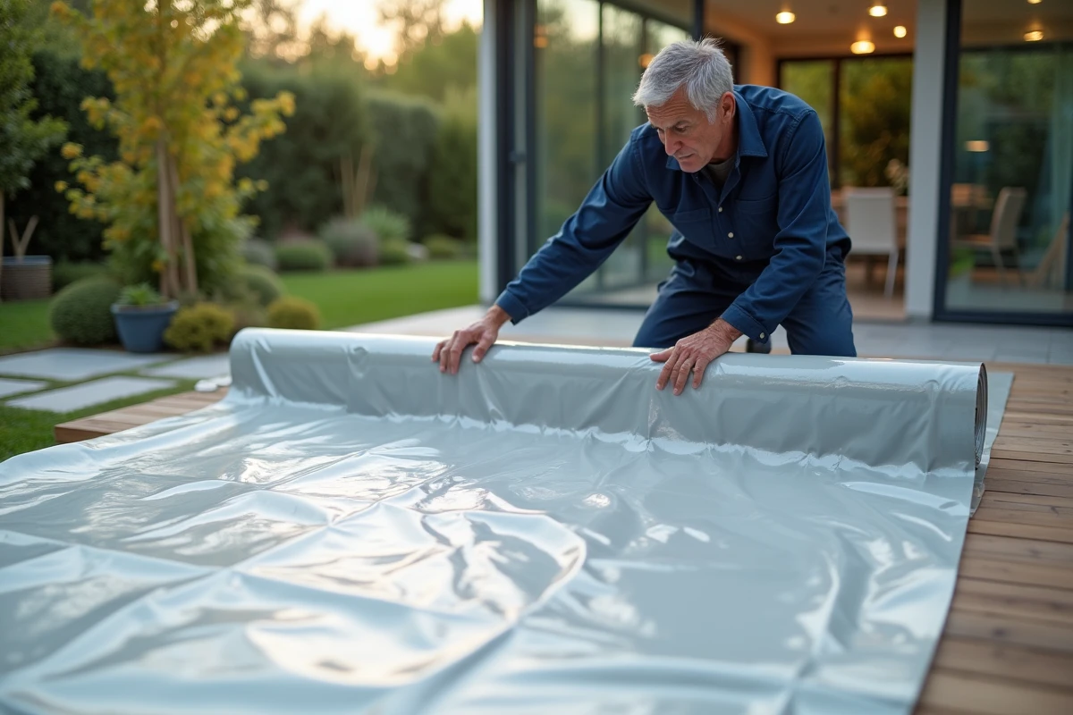 Ouvrier en tenue navy posant sur un patio moderne