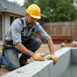 Ouvrier en travaux de construction de piscine en extérieur