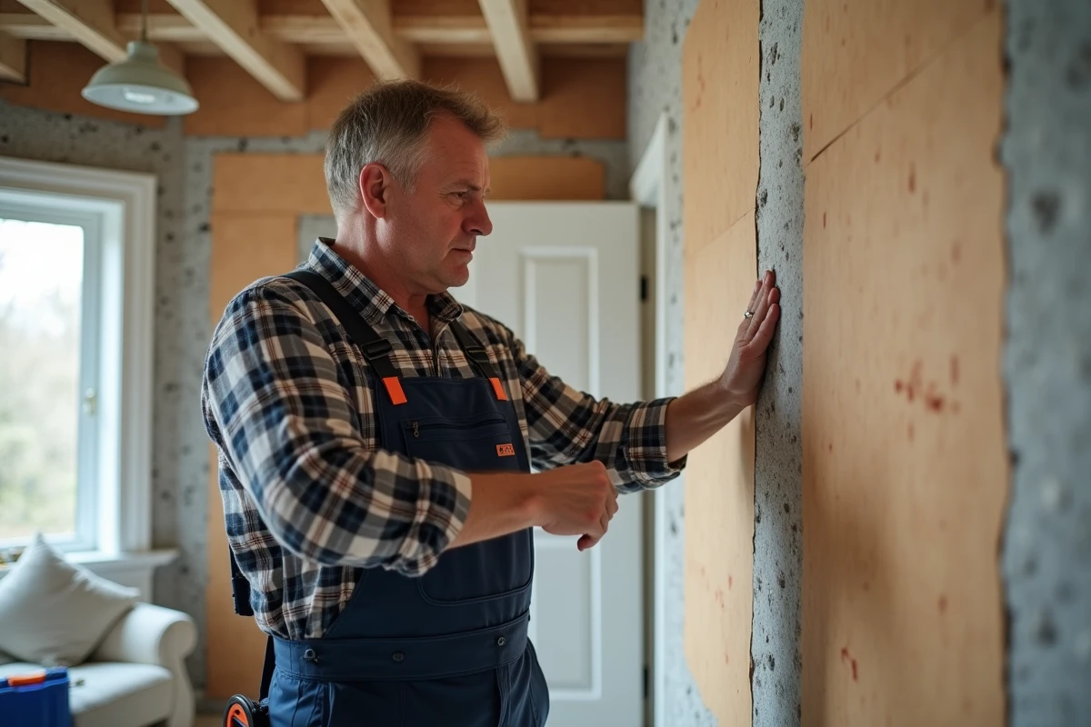 Ouvrier vérifiant l'isolation thermique d'un mur