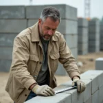 Ouvrier mesurant un parpaing sur un chantier de construction avec un mètre ruban