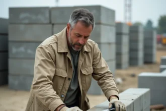 Ouvrier mesurant un parpaing sur un chantier de construction avec un mètre ruban