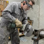 Ouvrier réglant une meuleuse avec un disque tronçonner métal dans un atelier industriel