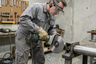 Ouvrier réglant une meuleuse avec un disque tronçonner métal dans un atelier industriel