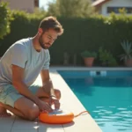 Jeune père activant un dispositif de sécurité piscine extérieur