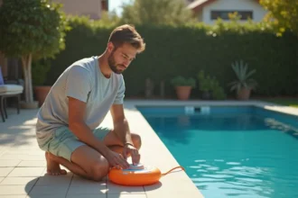 Jeune père activant un dispositif de sécurité piscine extérieur