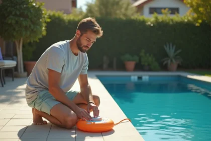Jeune père activant un dispositif de sécurité piscine extérieur