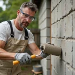 Homme appliquant de la peinture extérieure sur un mur en parpaing avec un rouleau large, technique professionnelle de peinture maçonnerie